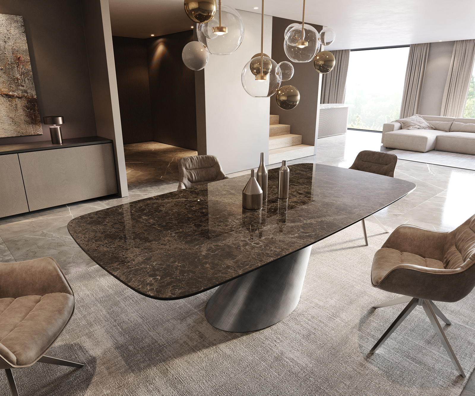 Jídelní stůl Edge Boot 240x120 keramika Laminam® Emperador Extra Lucidato tmavě hnědá kužel kov stříbrná