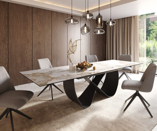 Jídelní stůl Edge 200-300x100 cm keramika Minas Melange bílá béžová Infinity kov černá rozkládací