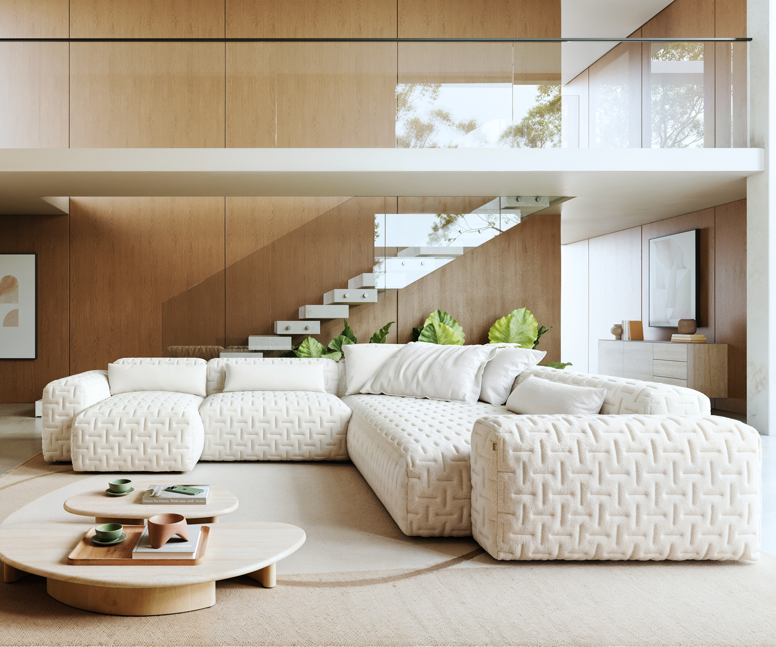 Pohovka ve tvaru "U" Freestyle 360x290 cm bouclé měkký béžová prošívaná - Obrázek 2