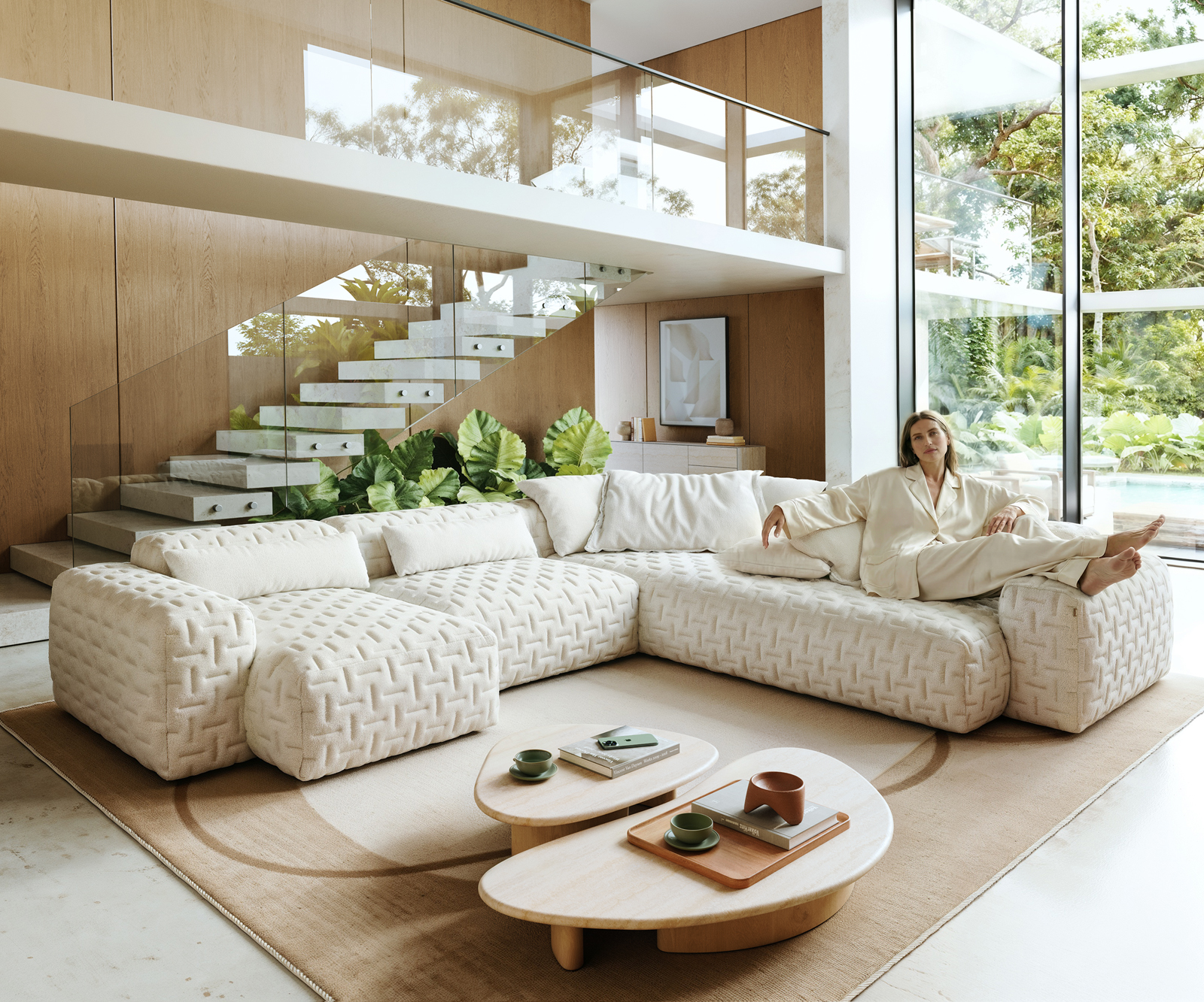 Pohovka ve tvaru "U" Freestyle 360x290 cm bouclé měkký béžová prošívaná