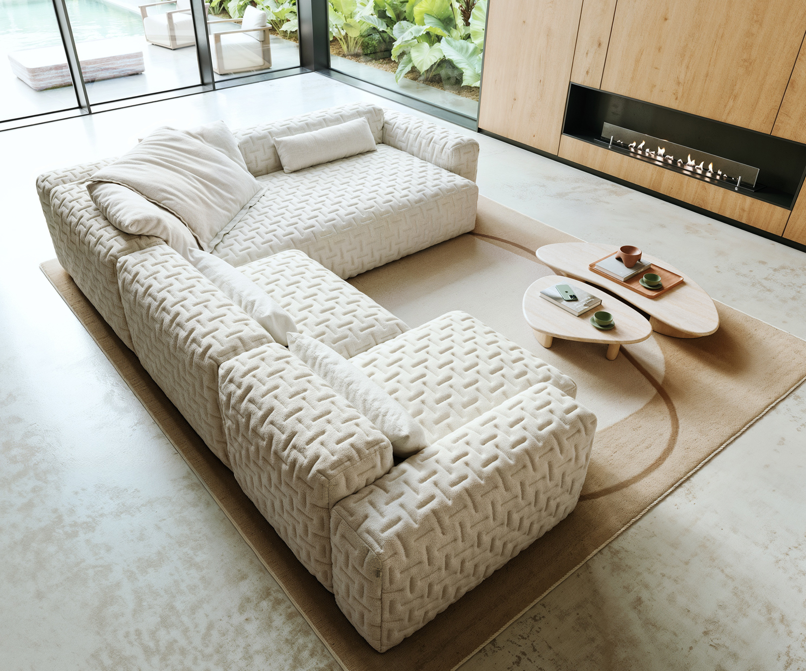 Pohovka ve tvaru "U" Freestyle 360x290 cm bouclé měkký béžová prošívaná - Obrázek 4