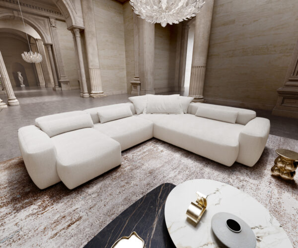 Pohovka ve tvaru "U" Freestyle 360x290 cm bouclé měkký béžová dekorativní šev