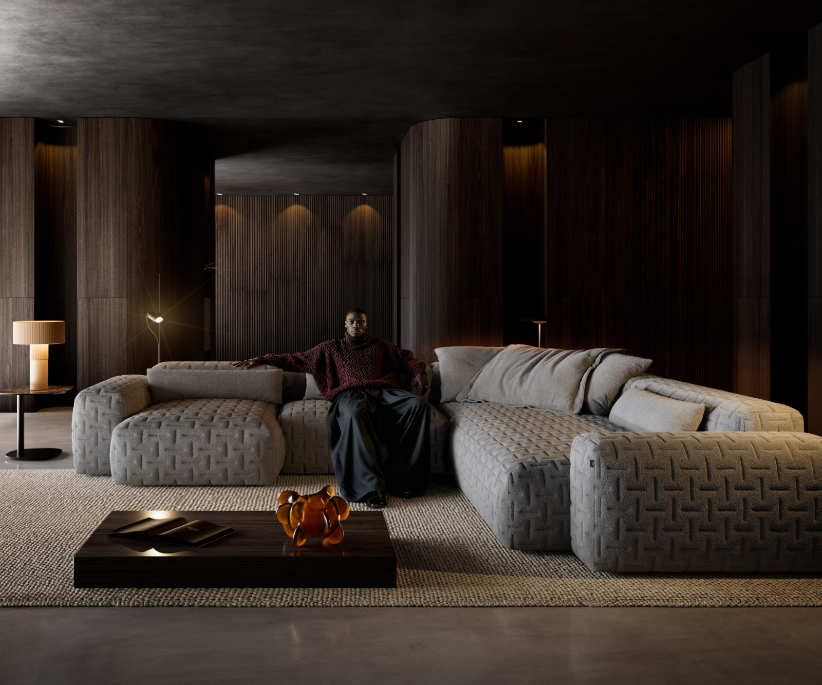 Pohovka ve tvaru "U" Freestyle 360x290 cm látka Měkký šedá prošívaná