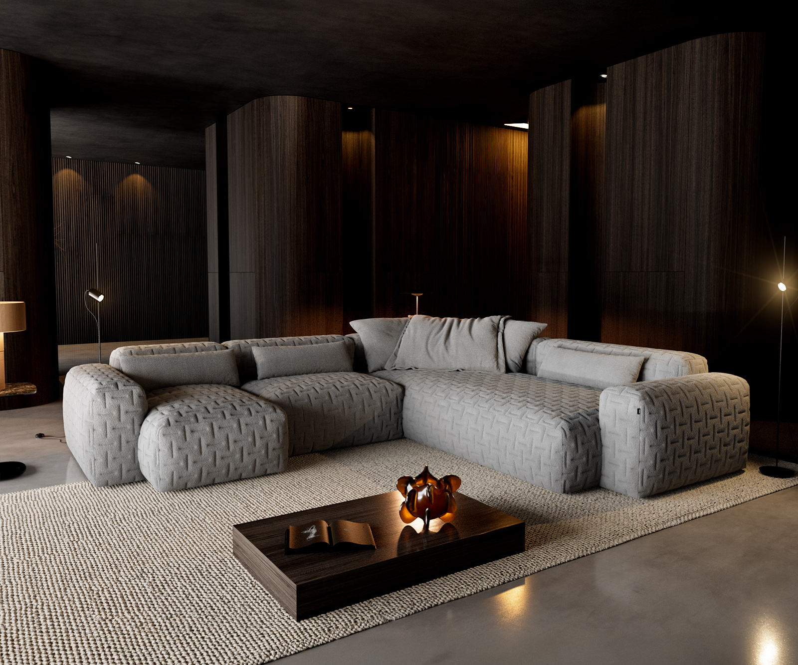 Pohovka ve tvaru "U" Freestyle 360x290 cm látka Měkký šedá prošívaná - Obrázek 2