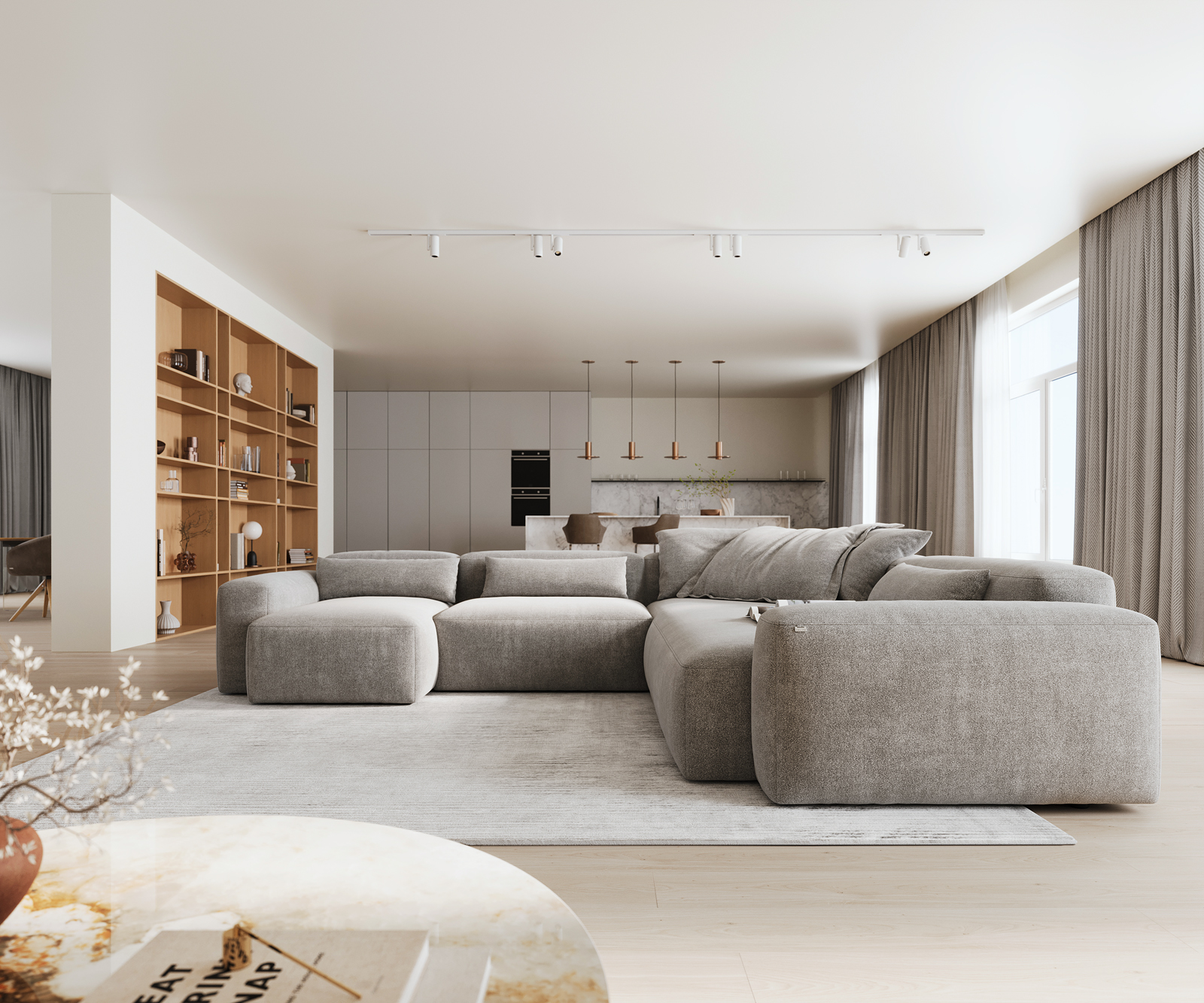 Pohovka ve tvaru "U" Freestyle 360x290 cm tkanina měkký šedá kapse šev - Obrázek 2