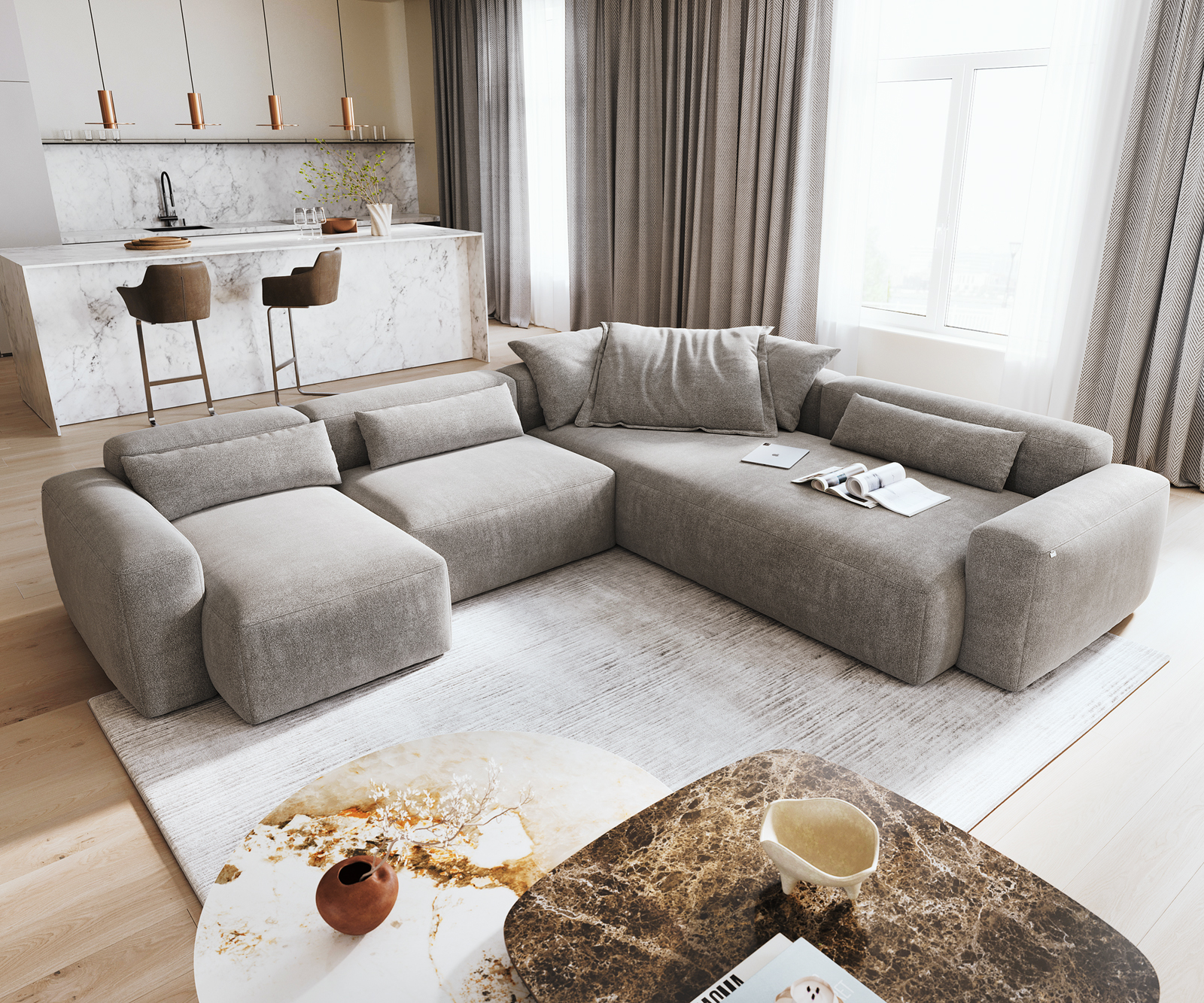 Pohovka ve tvaru "U" Freestyle 360x290 cm tkanina měkký šedá kapse šev