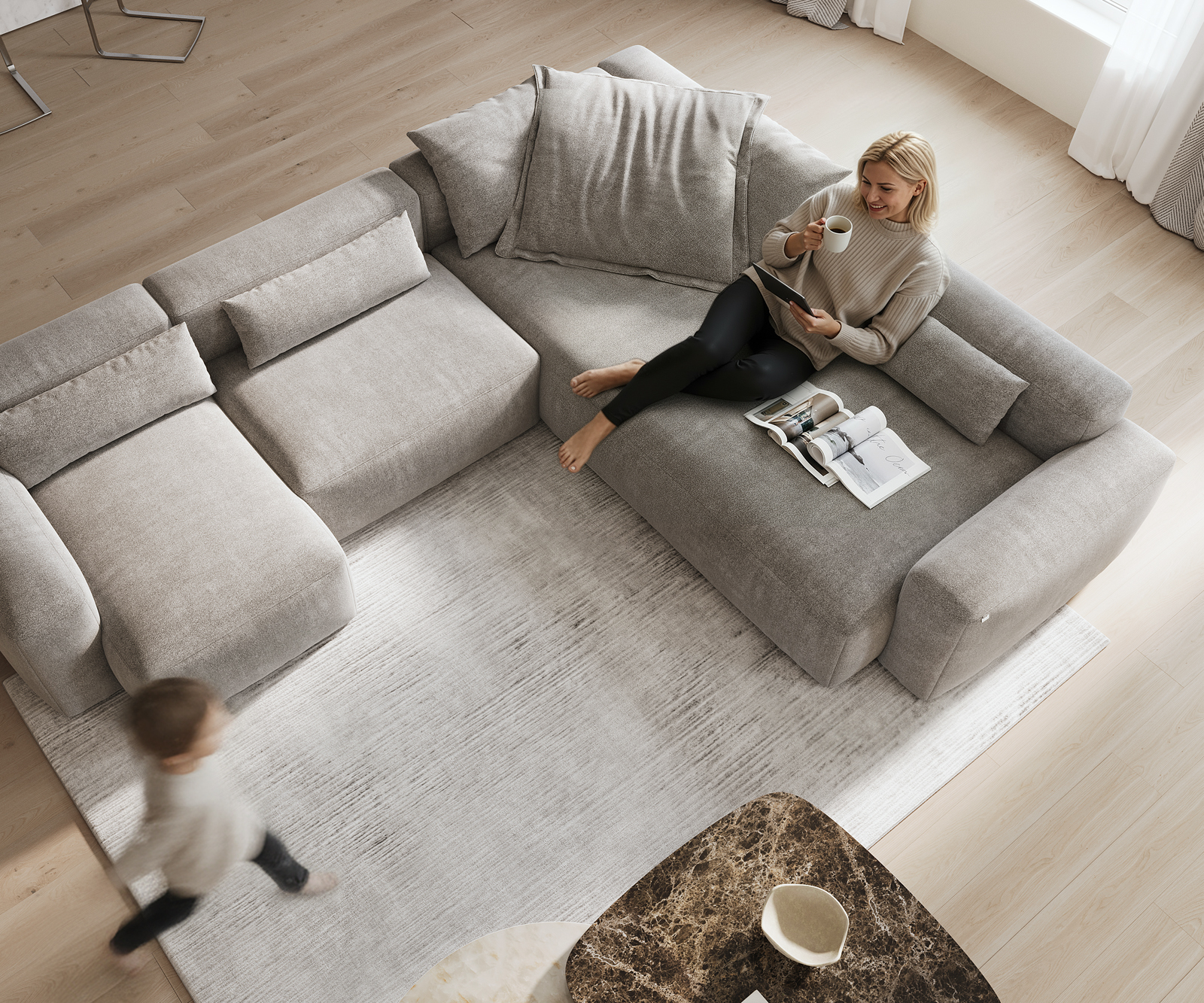 Pohovka ve tvaru "U" Freestyle 360x290 cm tkanina měkký šedá kapse šev - Obrázek 4