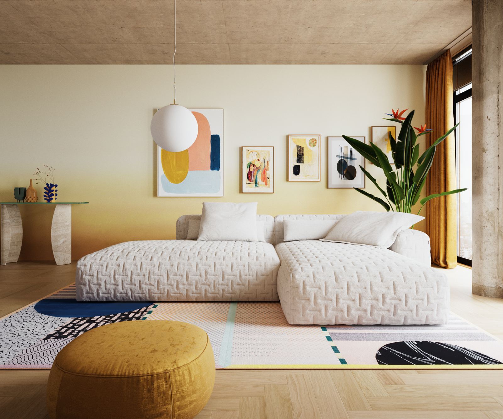 Rohová pohovka Freestyle 310x200 cm bouclé měkký béžová prošívaná - Obrázek 2