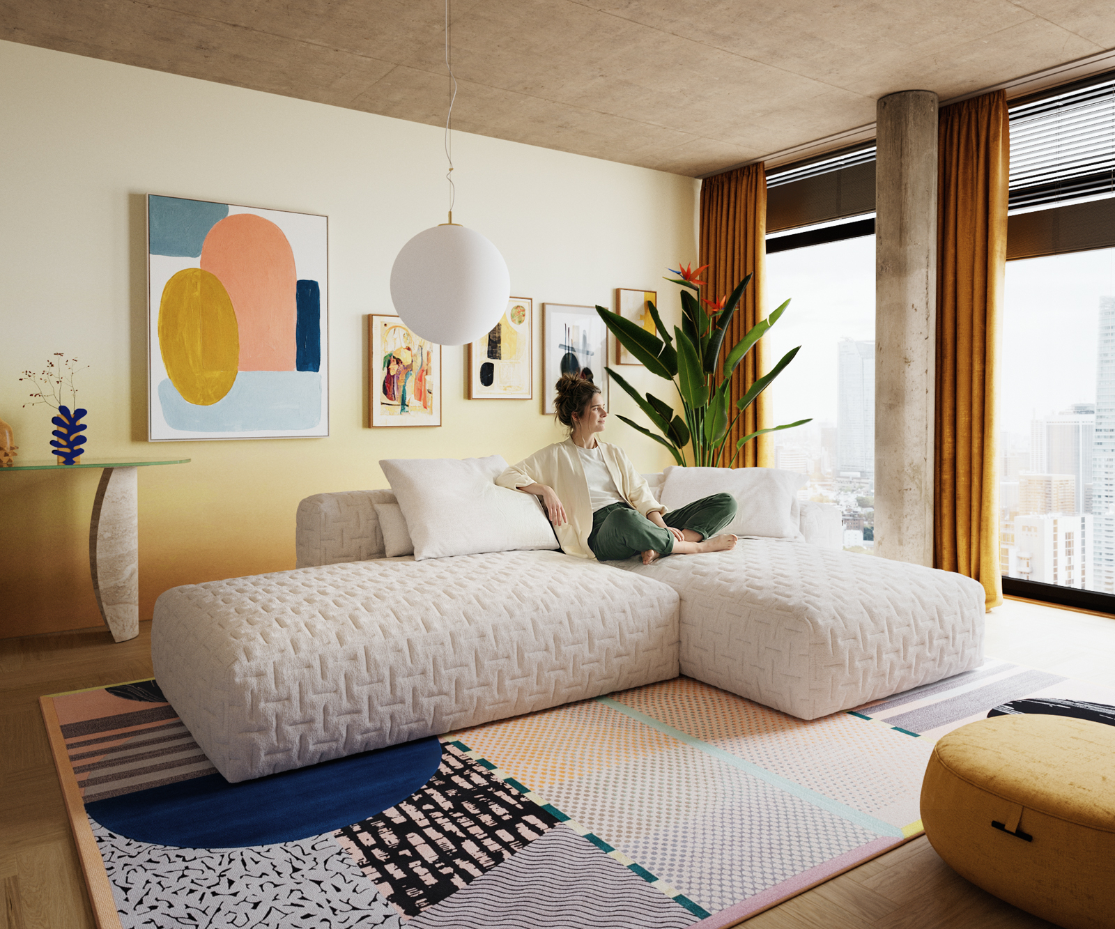 Rohová pohovka Freestyle 310x200 cm bouclé měkký béžová prošívaná