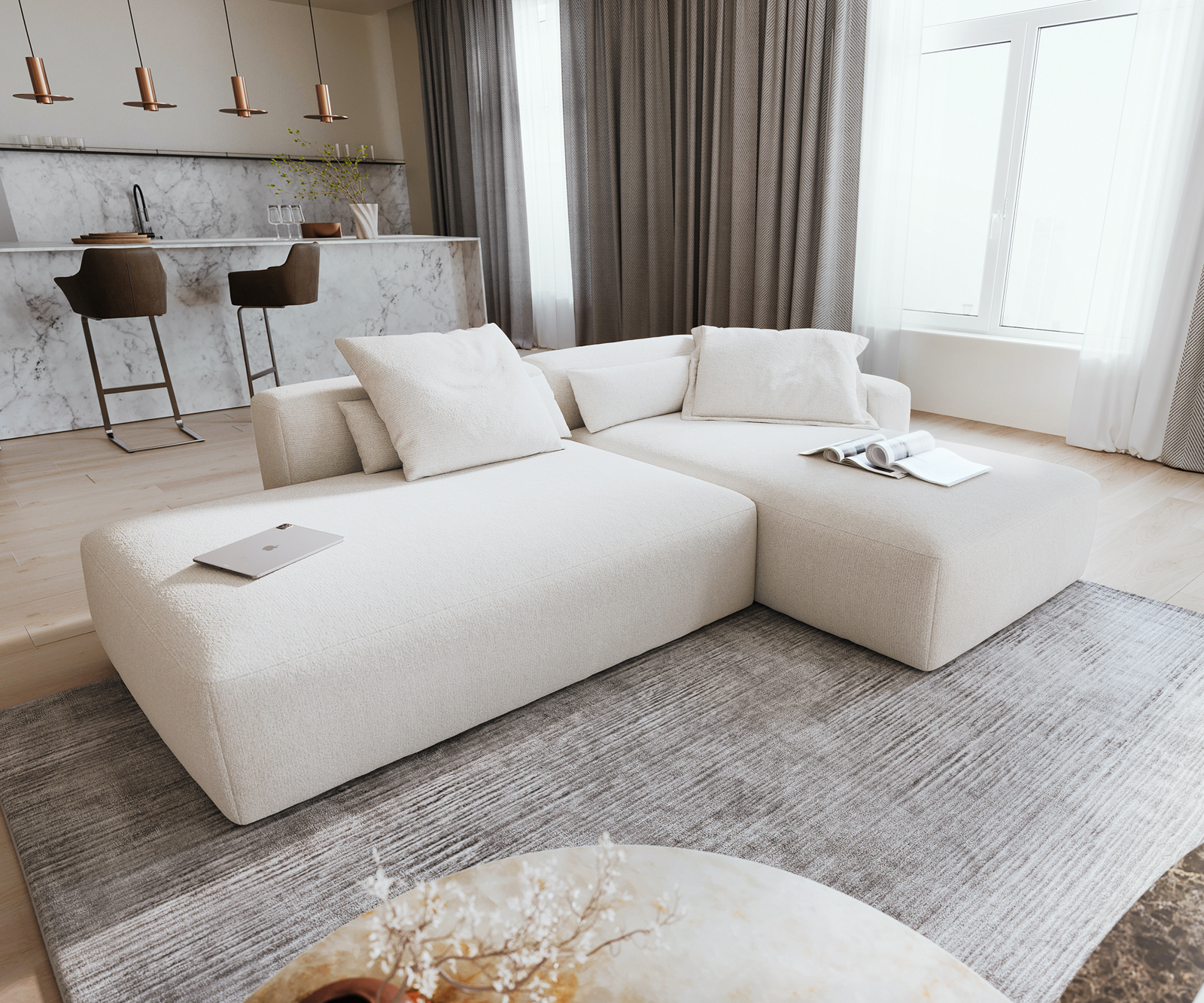 Rohová pohovka Freestyle 310x200 cm bouclé měkký béžová dekorativní šev