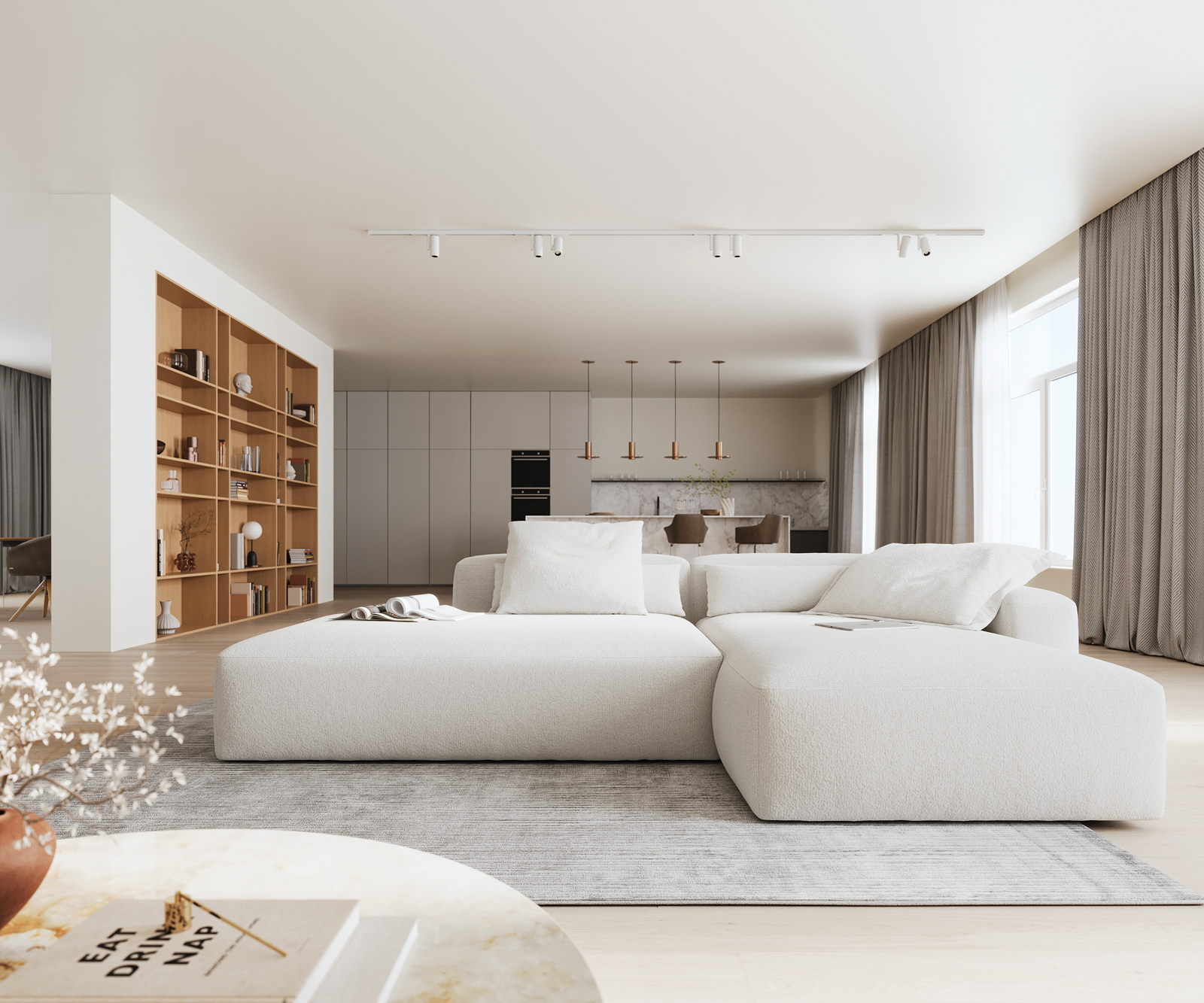 Rohová pohovka Freestyle 310x200 cm bouclé měkký béžová dekorativní šev - Obrázek 2