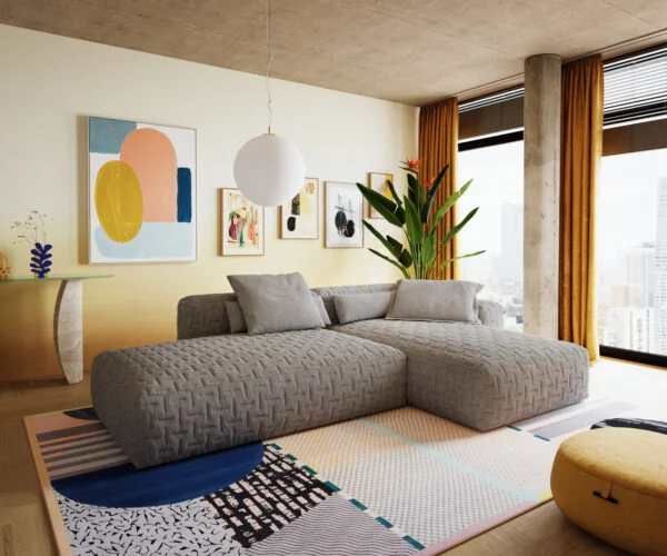 Rohová pohovka Freestyle 310x200 cm strukturovaná látka měkká šedá prošívaná