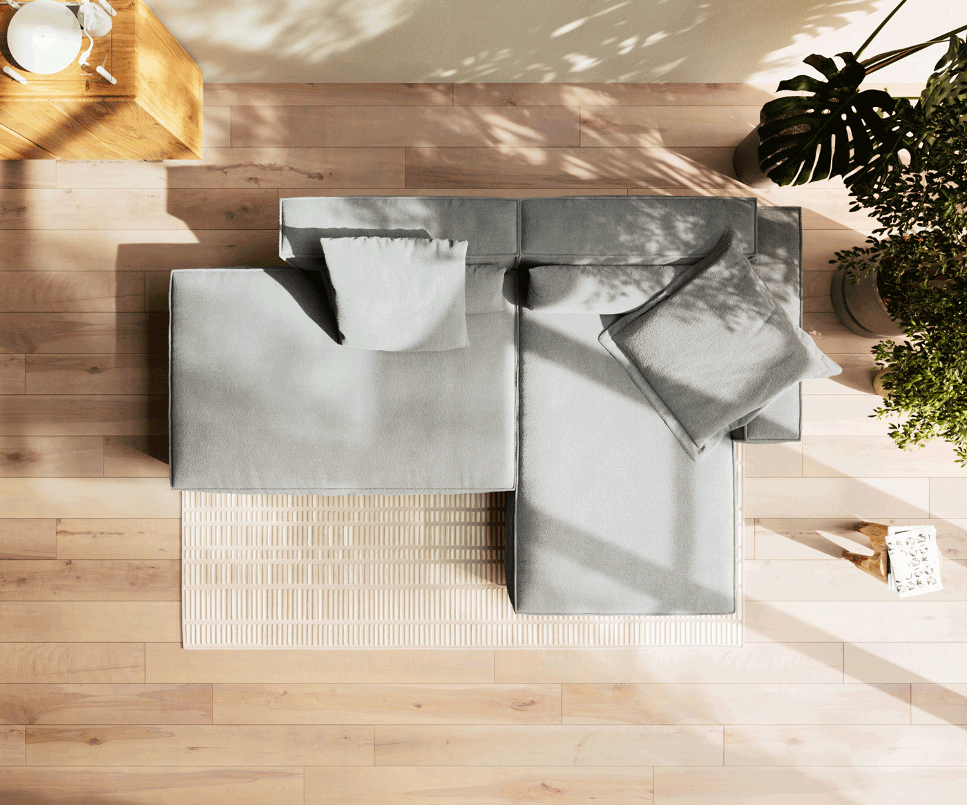 Rohová pohovka Freestyle 310x200 cm strukturovaná látka měkký šedá lemování - Obrázek 6