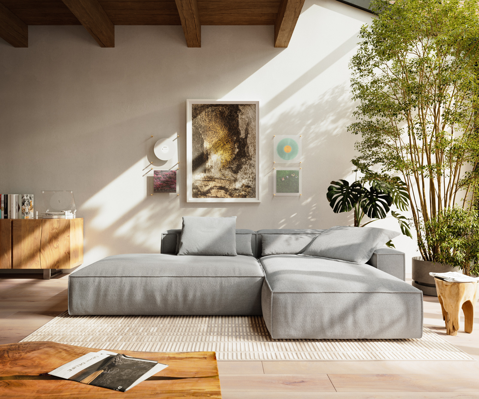 Rohová pohovka Freestyle 310x200 cm strukturovaná látka měkký šedá lemování - Obrázek 2