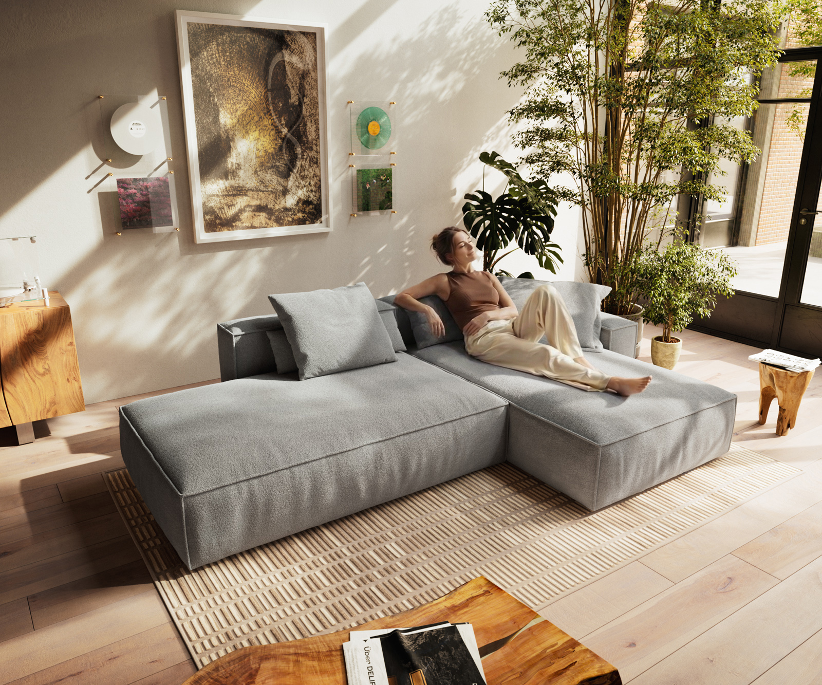 Rohová pohovka Freestyle 310x200 cm strukturovaná látka měkký šedá lemování - Obrázek 4