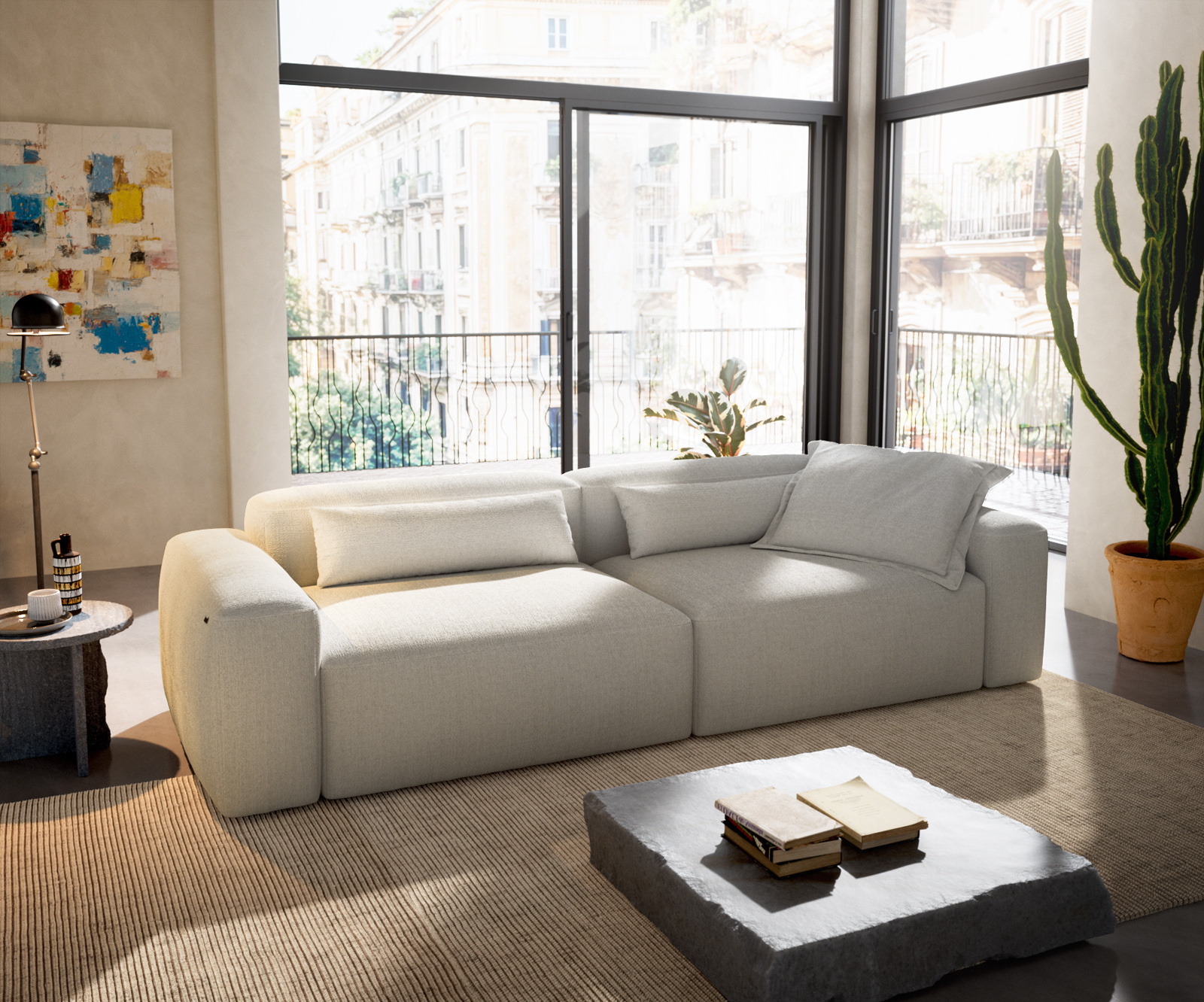 Pohovka XL Freestyle 280x110 cm bouclé měkký béžová dekorativní šev - Obrázek 2