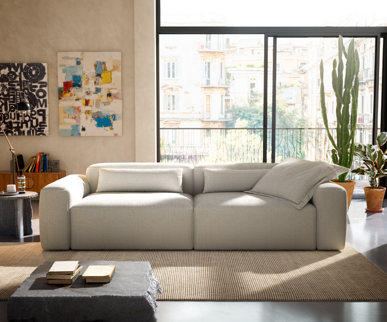 Pohovka XL Freestyle 280x110 cm bouclé měkký béžová dekorativní šev - Obrázek 4