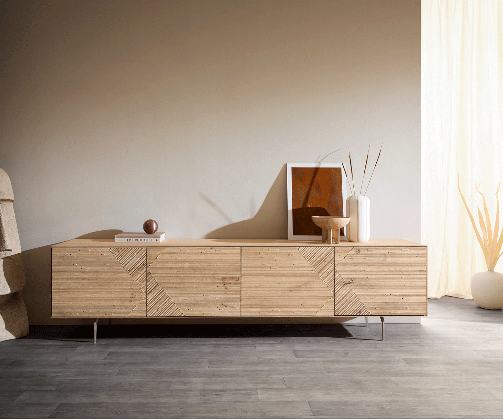 TV stolek Tereos 220 cm dub přírodní 3D efekt 4 dvířka podnož ve tvaru L nerezová ocel broušená - Obrázek 5