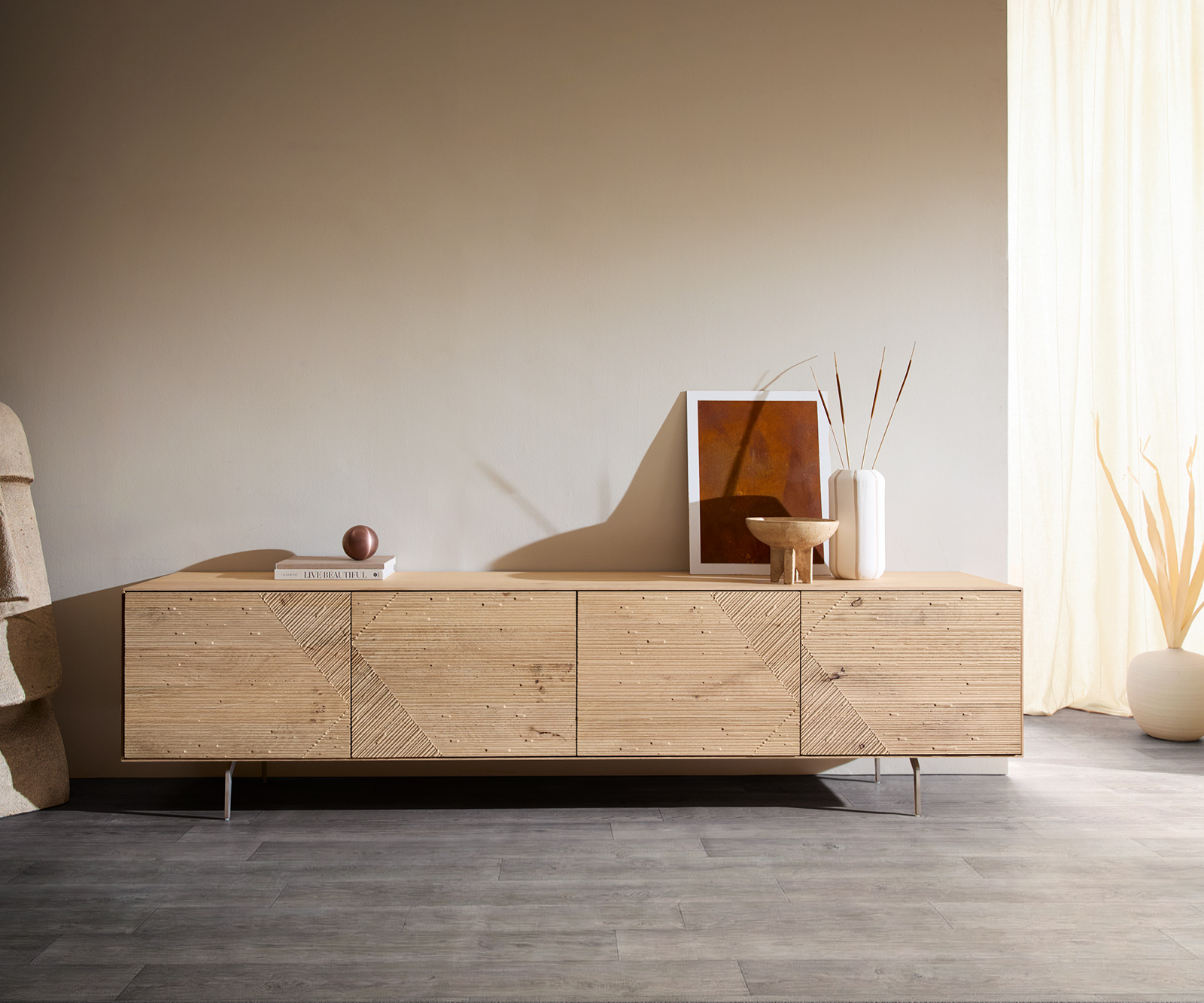 TV stolek Tereos 220 cm dub přírodní 3D efekt 4 dvířka podnož ve tvaru L nerezová ocel broušená - Obrázek 2