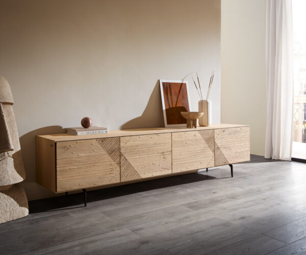 TV stolek Tereos 220 cm dub přírodní 3D efekt 4 dvířka podnož ve tvaru L kov černá