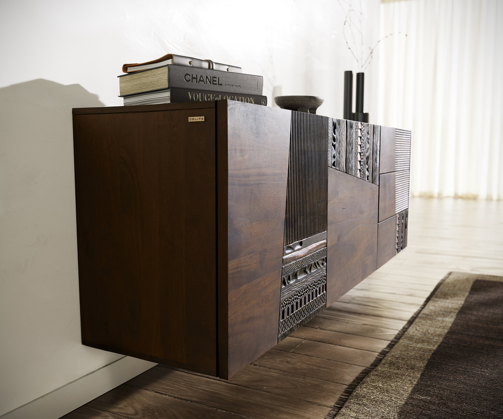 Komoda Imara 175 cm mango hnědá 2 dvířka 3 zásuvky závěsná - Obrázek 5