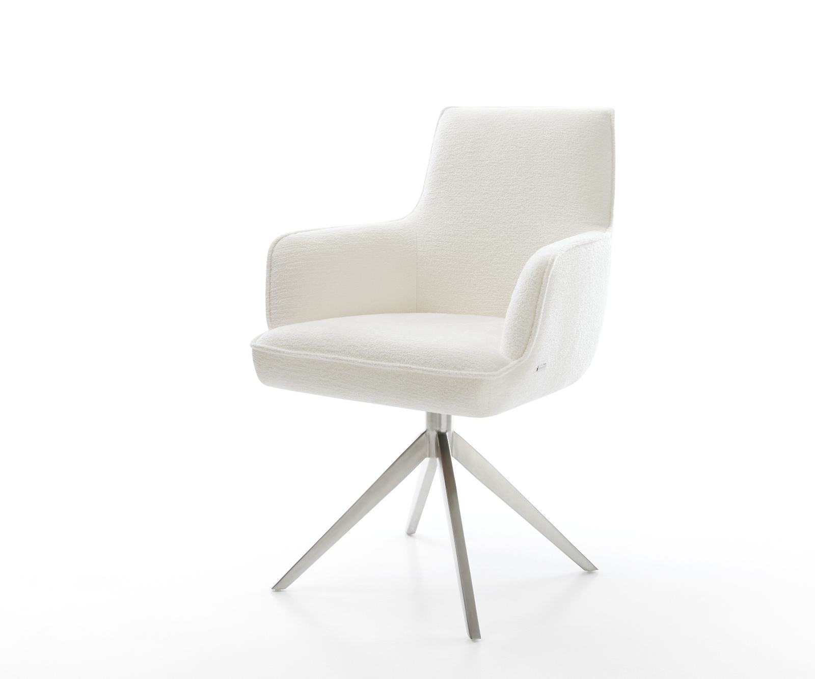 Jídelní židle Heira-Flex s područkami bouclé měkký béžová křížová podnož široká nerezová ocel 360° otočný houpací funkce taštičkové pružiny