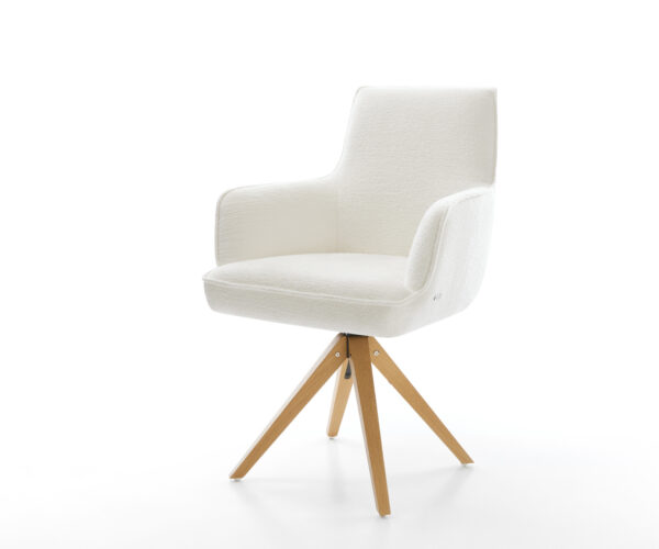 Jídelní židle Heira-Flex s područkami bouclé měkký béžová dřevěná podnož hranatá přírodní 180° otočná taštičkové pružiny