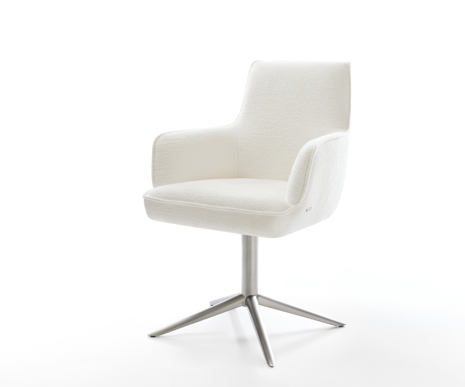 Jídelní židle Heira-Flex s područkami bouclé měkký béžová křížová podnož nerezová ocel 360° otočný houpací funkce taštičkové pružiny