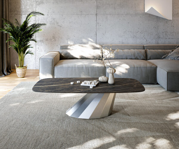 Konferenční stolek Edge Boot 140x80 cm keramika Laminam® Noir Desir hnědá Parabi nerezová ocel broušená