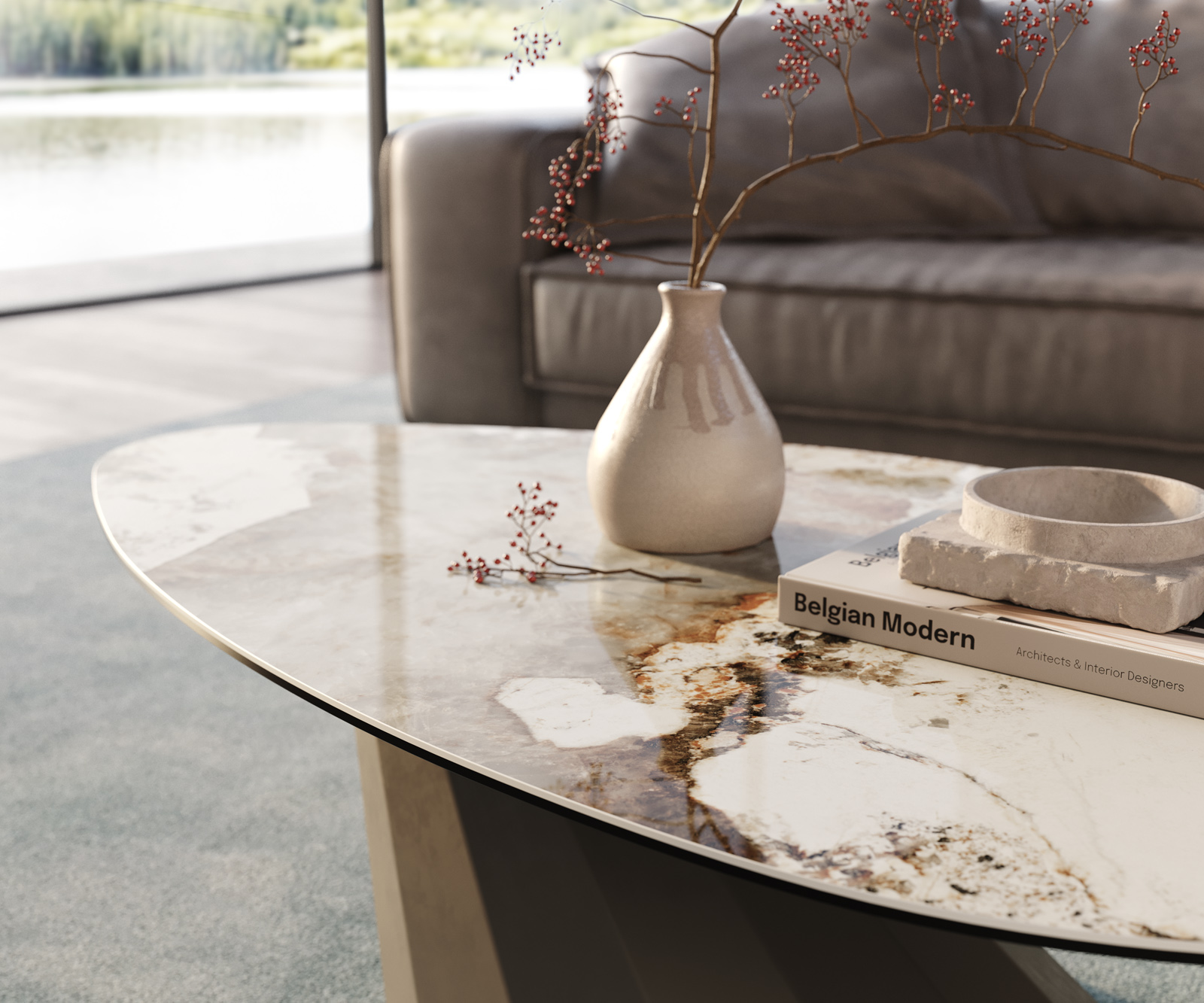 Konferenční stolek Edge organický 140x76 cm keramika Minas Melange Parabi kov titanová barva - Obrázek 6