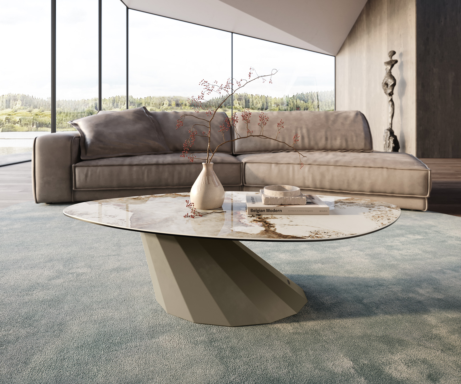 Konferenční stolek Edge organický 140x76 cm keramika Minas Melange Parabi kov titanová barva