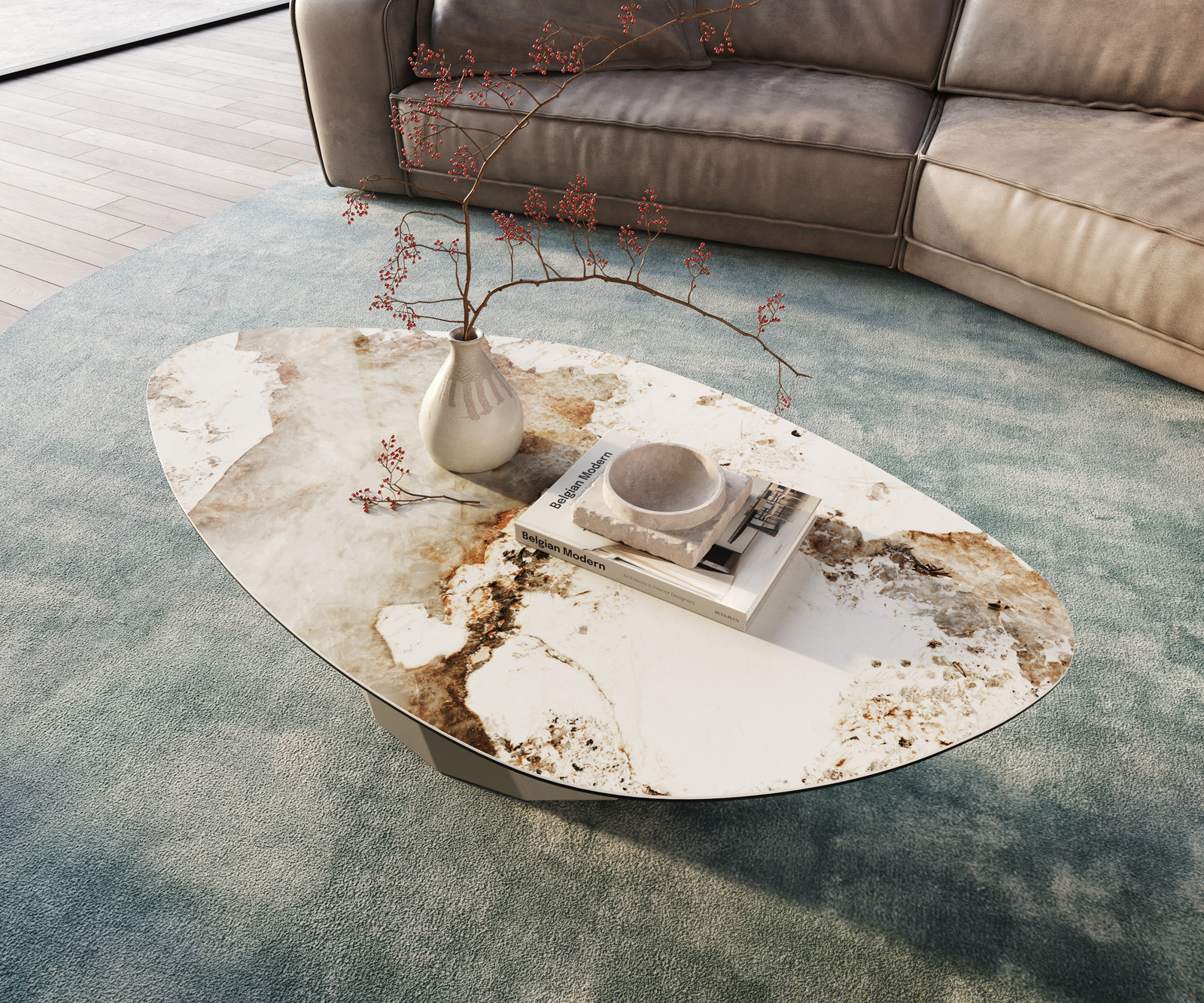 Konferenční stolek Edge organický 140x76 cm keramika Minas Melange Parabi kov titanová barva - Obrázek 4