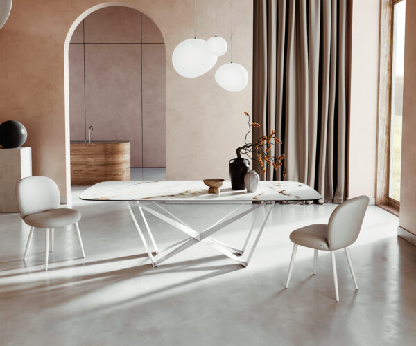 Jídelní stůl Edge oválný 240x120 cm keramika Calacatta Luxe bílá-zlatá-šedá podnož kov bílá