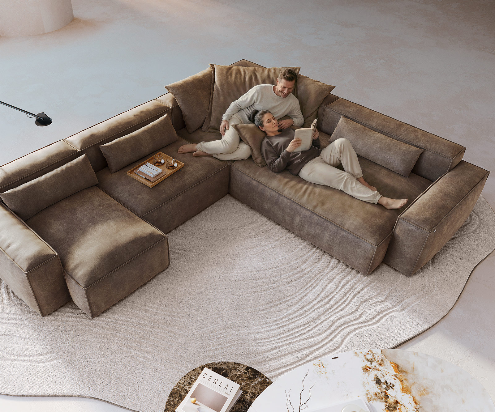 Pohovka ve tvaru "U" Freestyle 360x290 cm mikrovlákno taupe vintage lemování - Obrázek 4