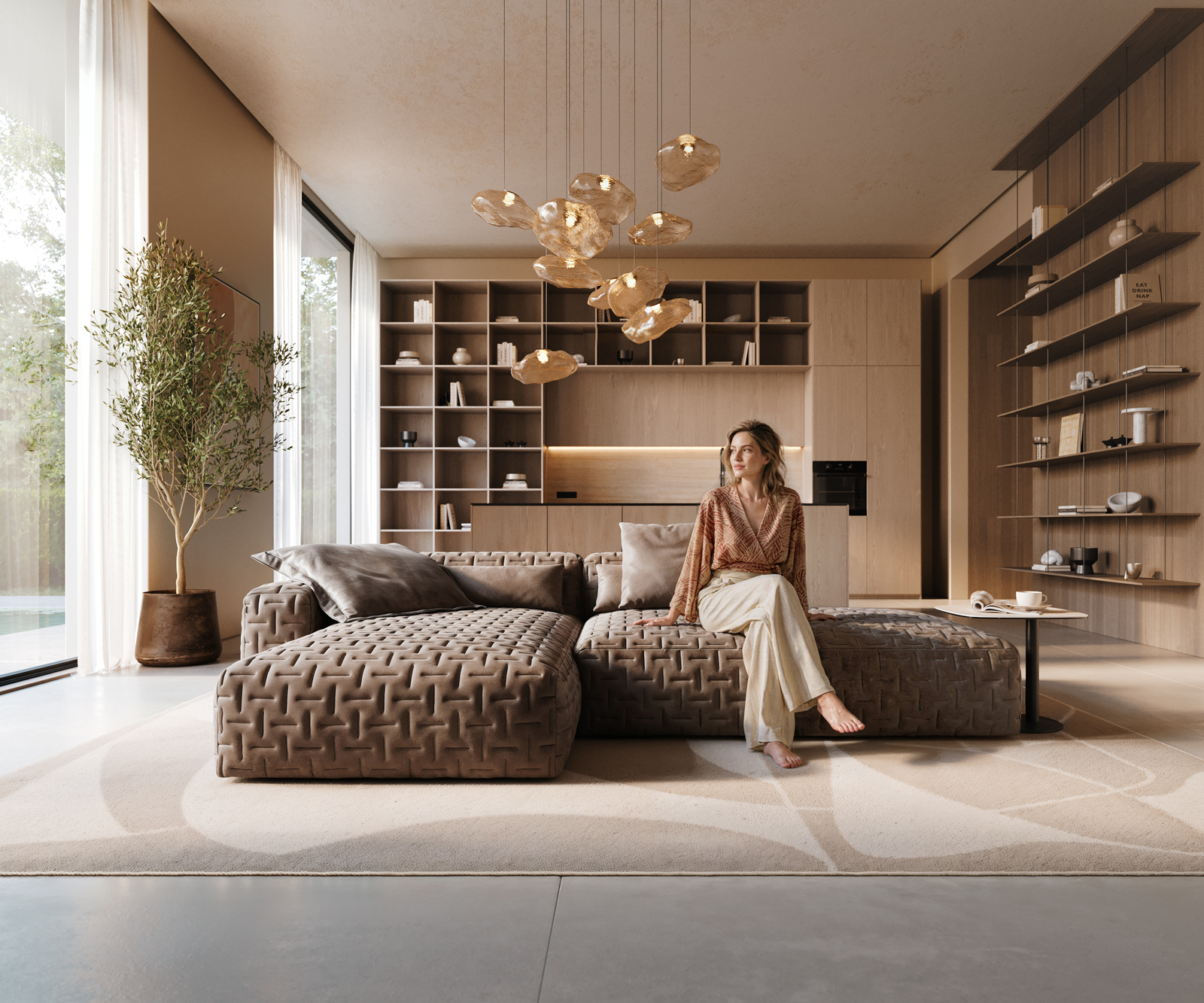 Rohová pohovka Freestyle 310x200 cm mikrovlákno taupe vintage prošívaná - Obrázek 2