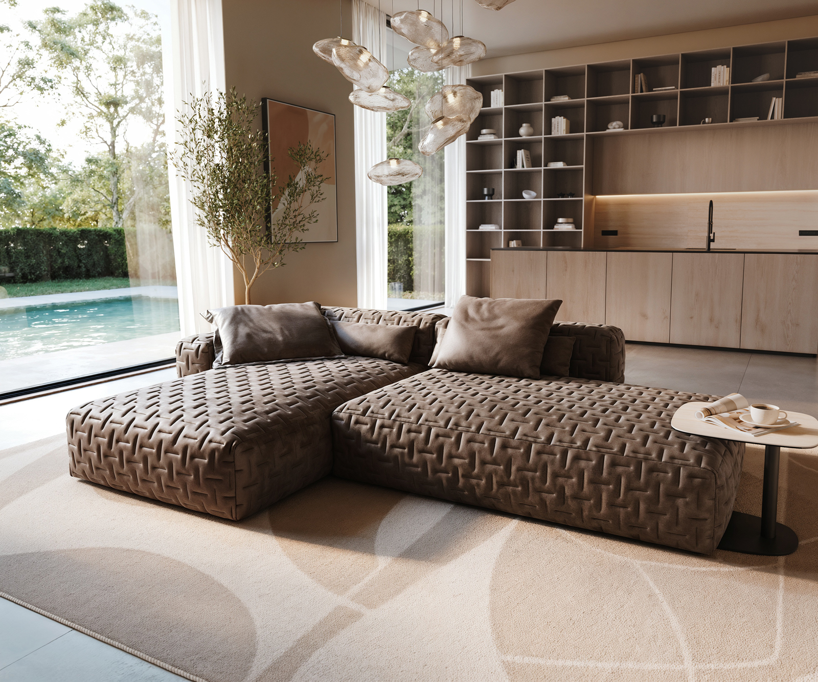 Rohová pohovka Freestyle 310x200 cm mikrovlákno taupe vintage prošívaná