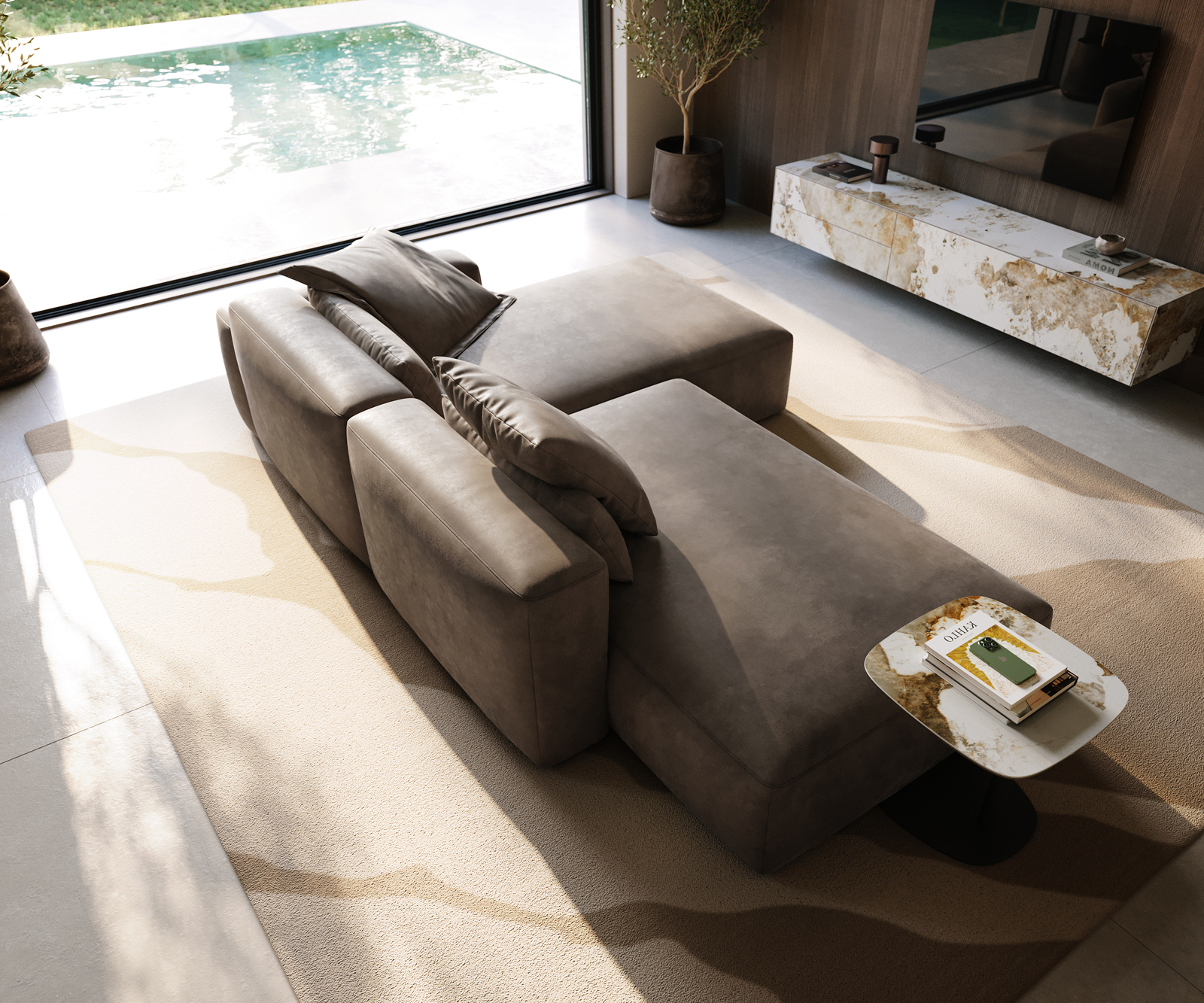 Rohová pohovka Freestyle 310x200 cm mikrovlákno taupe vintage dekorativní šev - Obrázek 4