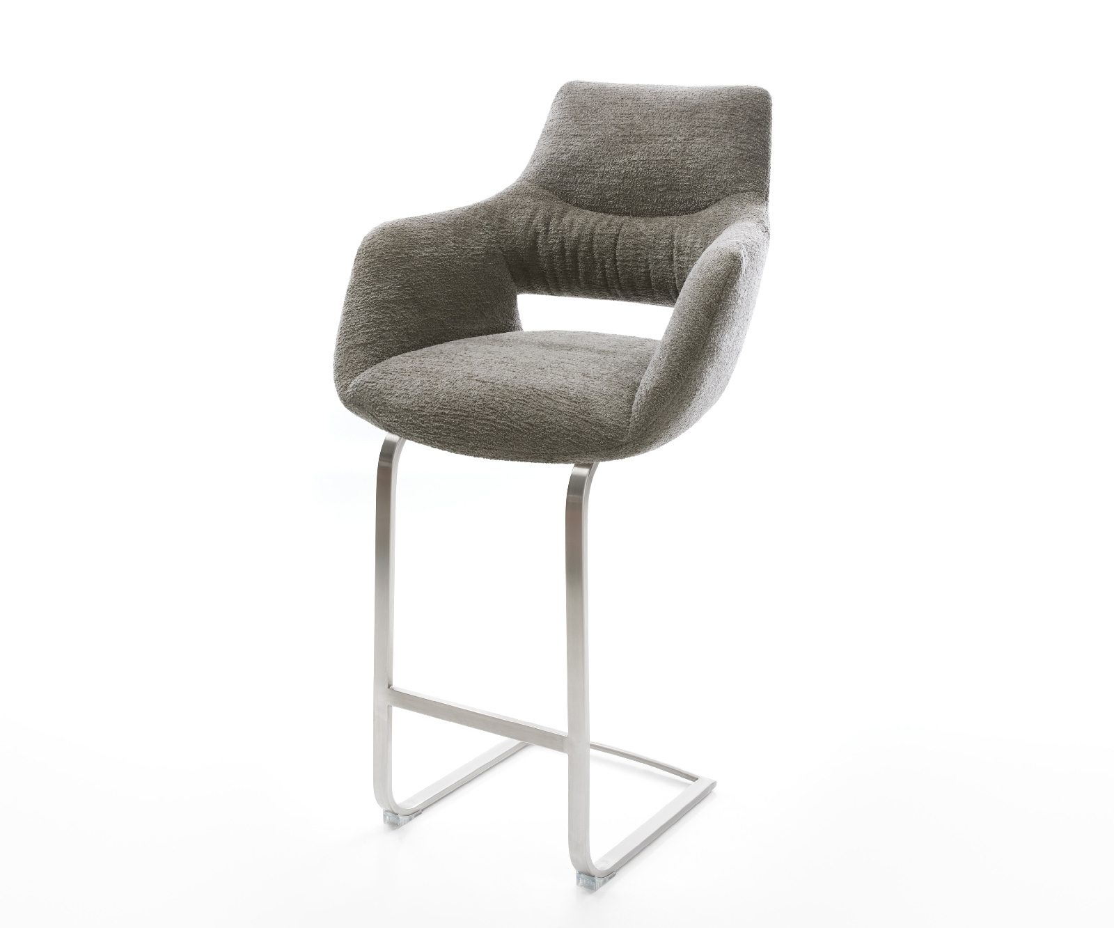 Barová židle Yago-Flex bouclé měkký tmavě béžová jídelní židle plochý nerezová ocel stříbrná taštičkové pružiny