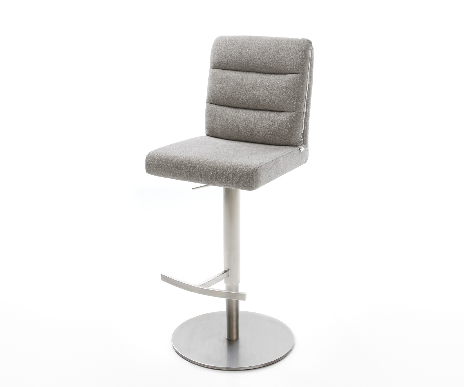 Barová židle Pela-Flex strukturovaná látka měkká šedá otočná podnož výškově nastavitelná nerezová ocel stříbrná