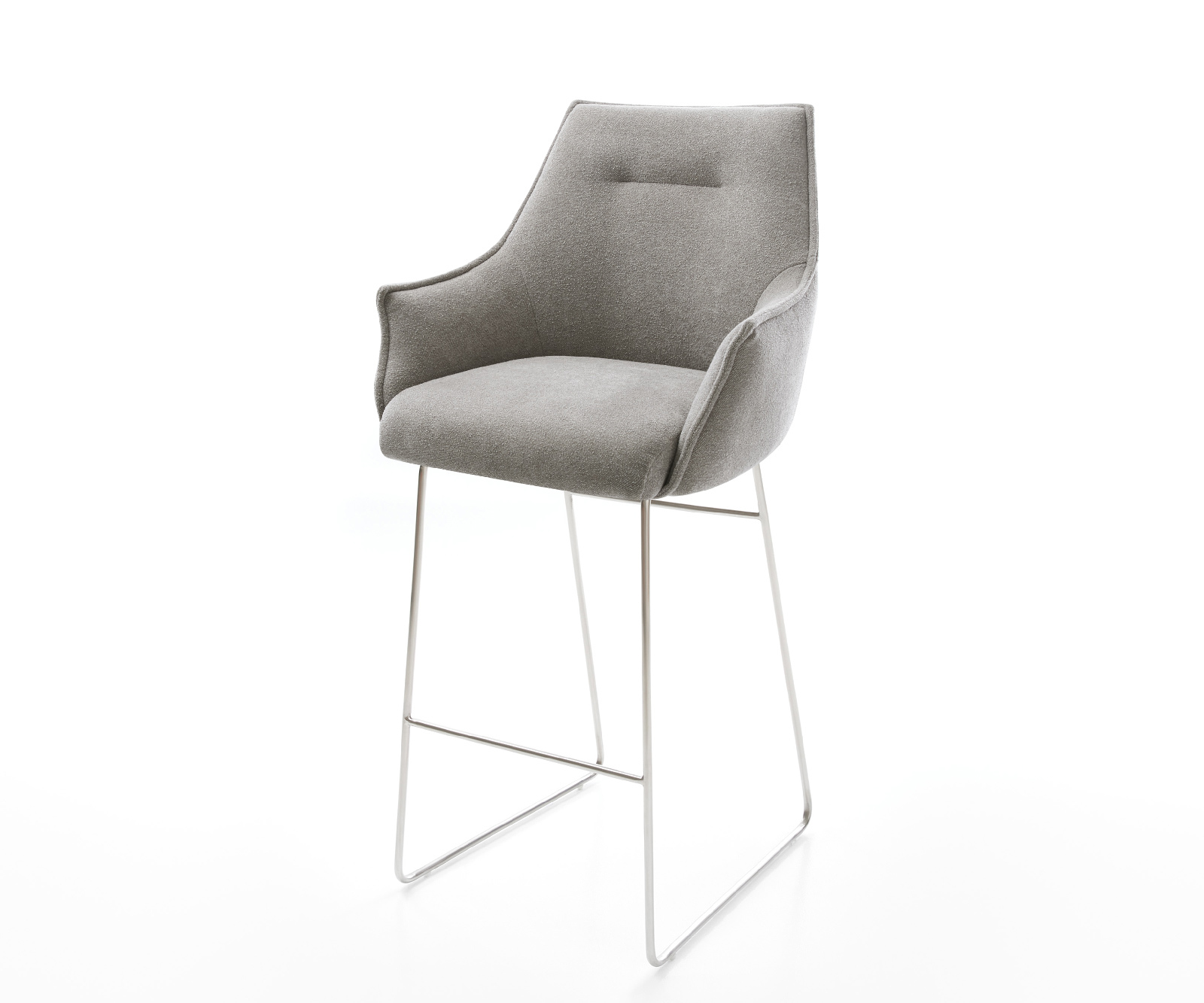 Barová židle Alja-Flex strukturovaná látka měkká šedá tenká podnož nerezová ocel stříbrná taštičkové pružiny