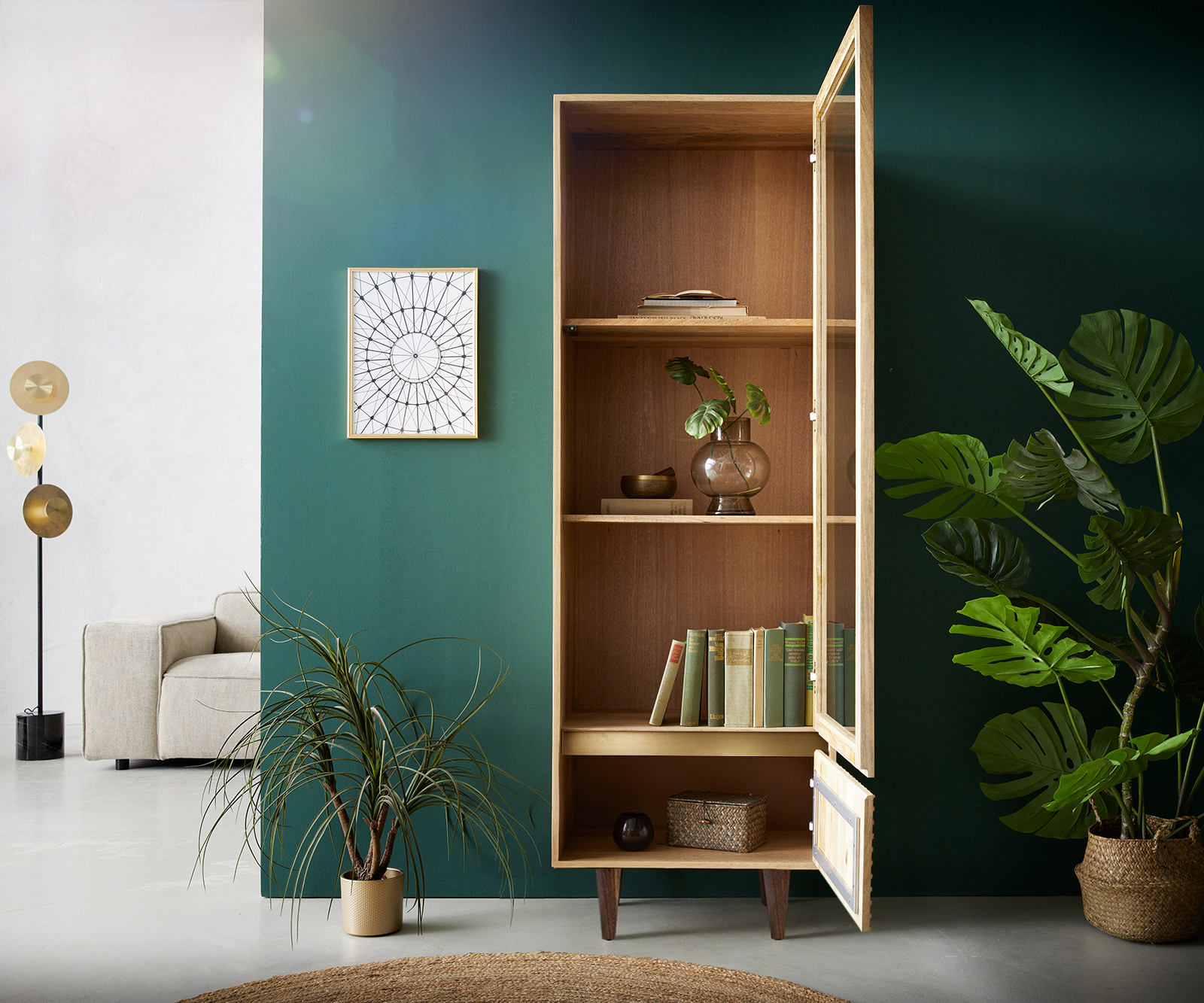 Vitrína Budaya 60x165 cm mango přírodní 2 dvířka podnož čtvercová - Obrázek 6