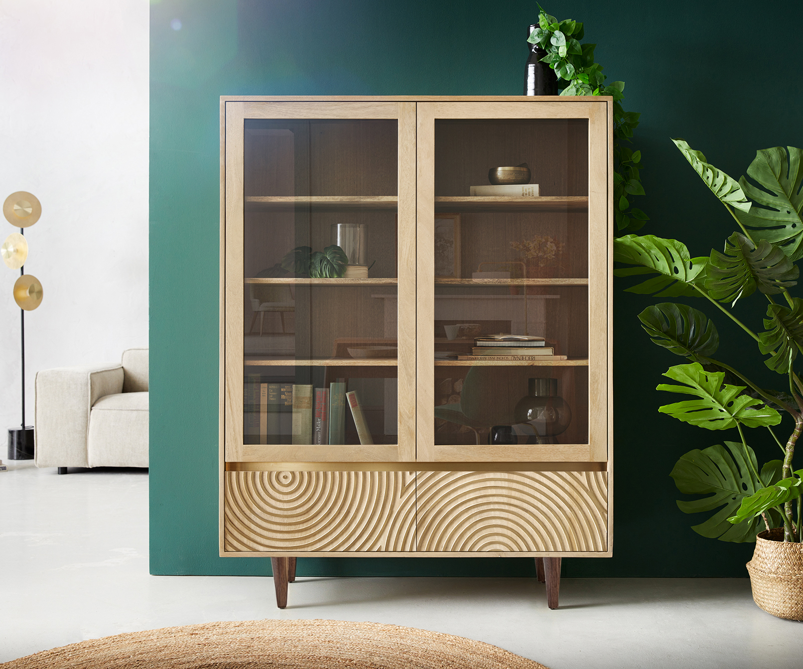 Skleněná vitrína Budaya 115x135 cm mango přírodní 4 dvířka podnož čtvercová - Obrázek 2