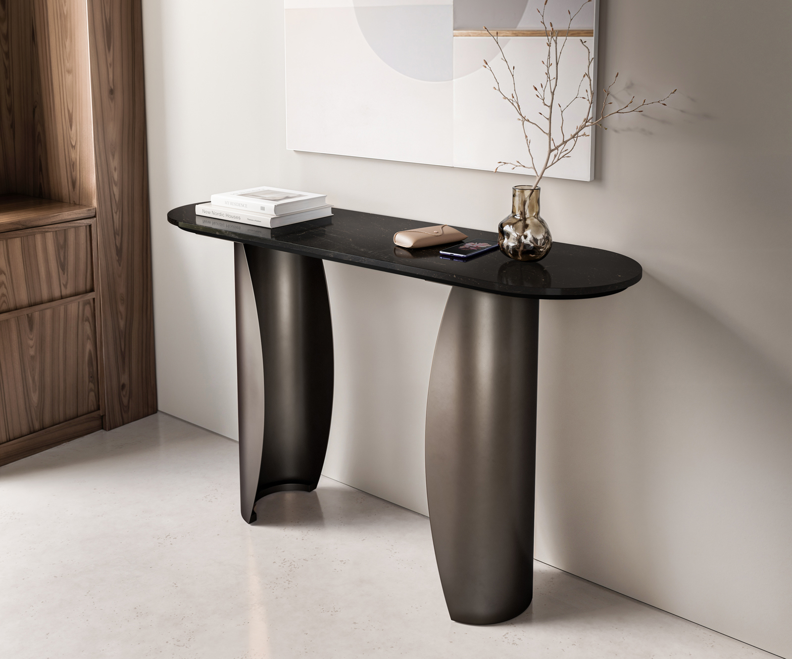 Konzolový stůl Solena 135x40 cm mramor černá stříbrná kov černá vintage