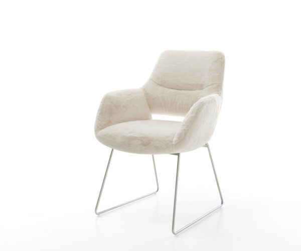 Jídelní židle Yago-Flex s područkami plyšový manšestr krémová bílá tenká podnož nerezová ocel taštičkové pružiny