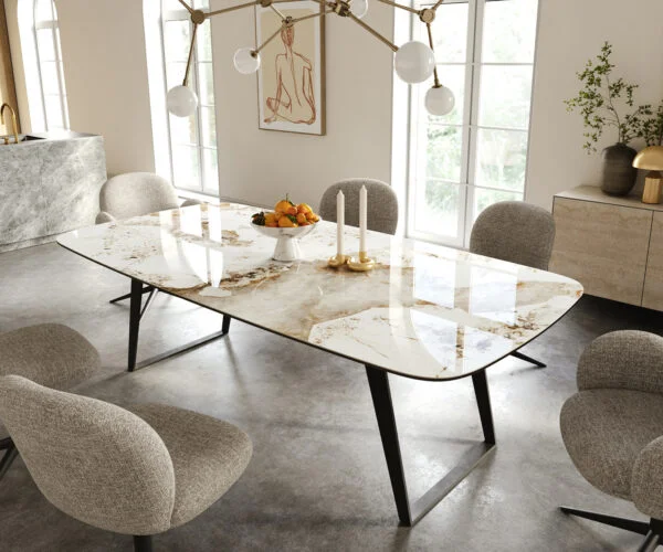 Jídelní stůl Edge oválný tvar 240x120 cm keramika Minas Melange bílá béžová kov šikmý černá