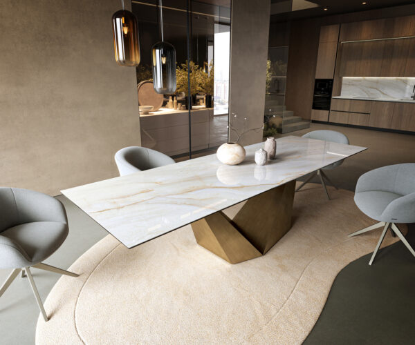 Jídelní stůl Edge 300×100 cm keramika Onyx Pearl Prisma metalická zlatá