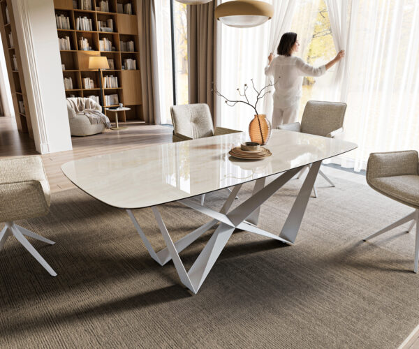 Jídelní stůl Edge oválný tvar 200x100 cm keramika onyx champagne spider kov bílá