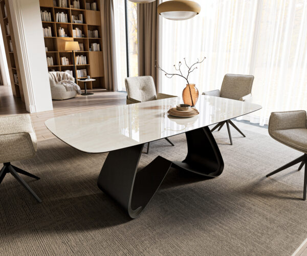 Jídelní stůl Edge oválný tvar 200×100 cm keramika onyx champagne podnož ve tvaru V kov černá