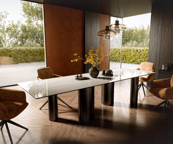 Jídelní stůl Edge 300×100 cm keramika onyx champagne pilíř nerezová ocel grafit