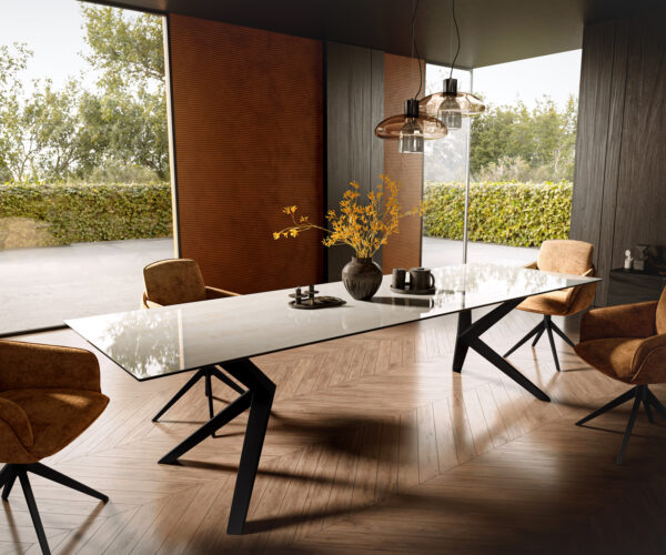 Jídelní stůl Edge 300×100 cm keramika onyx champagne Zenthara hranatý kov černá